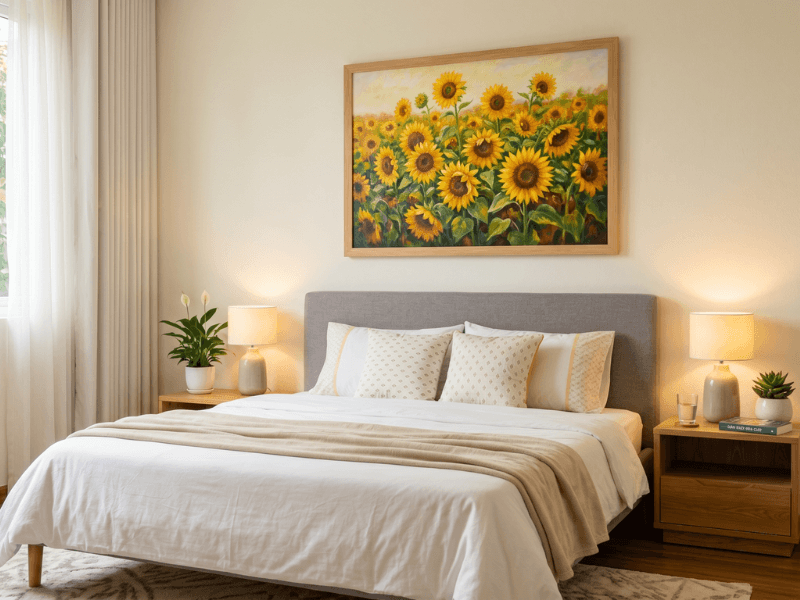 Treo tranh hoa hướng dương ở phòng ngủ giữ hòa khí, hạnh phúc lứa đôi
