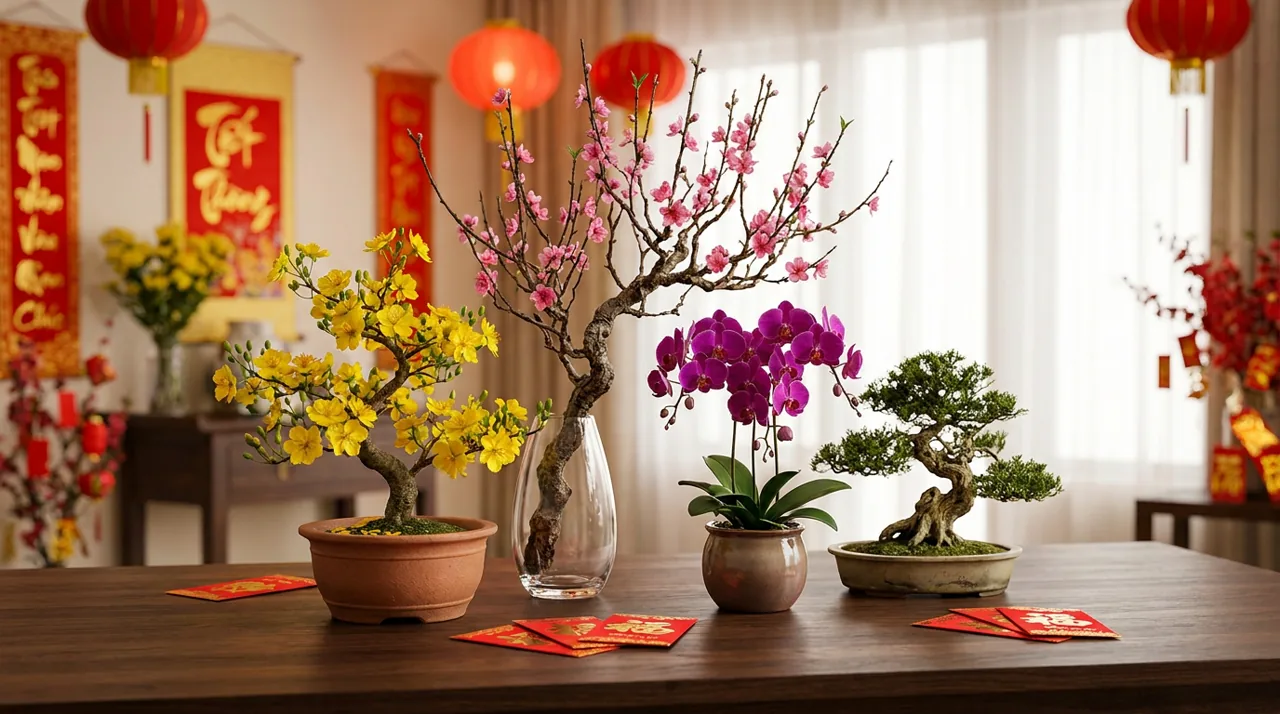 Cây cảnh Tết tặng sếp: mai, đào, lan hồ điệp và bonsai