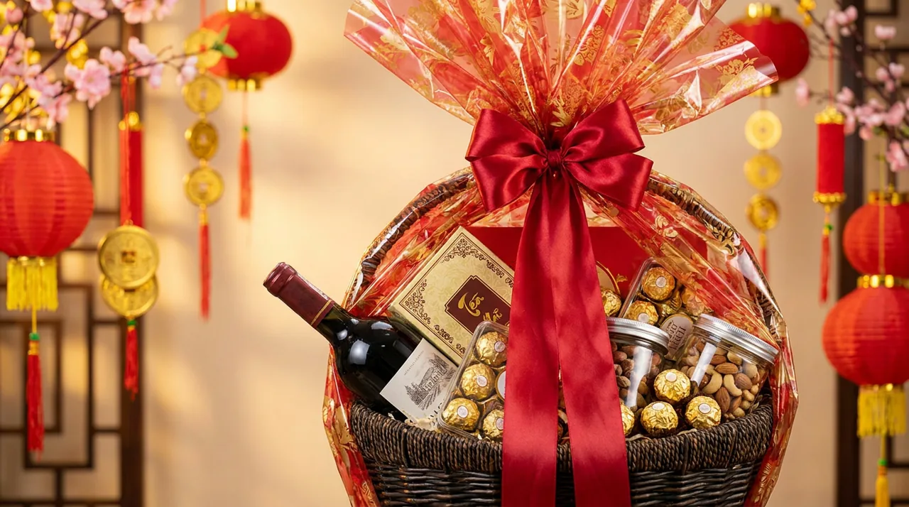 Giỏ quà Tết tổng hợp tặng sếp gồm rượu, trà, bánh kẹo và hạt dinh dưỡng